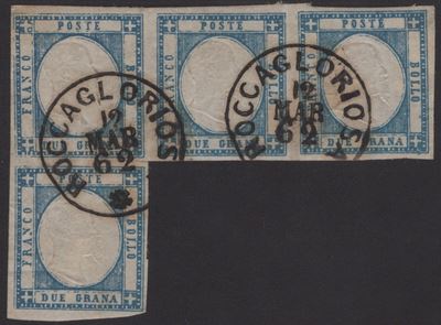 Prov. Napoletane, 2 Grana azzurro n. 20 in striscia di 4 a 'seggiola' del 12.03.1862