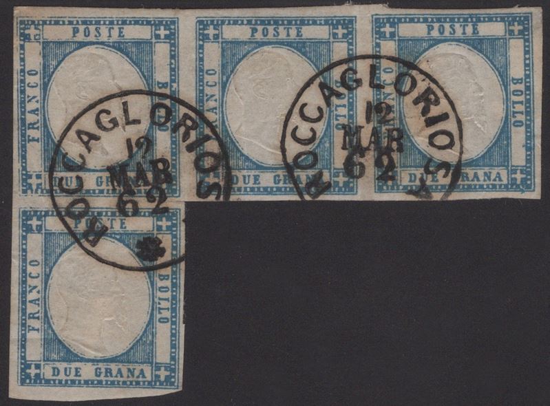 Prov. Napoletane, 2 Grana azzurro n. 20 in striscia di 4 a 'seggiola' del 12.03.1862