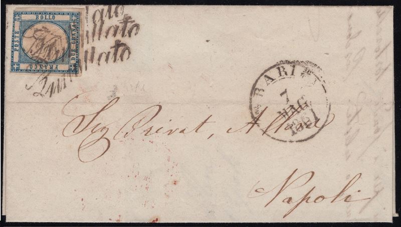 Lettera da Bari per Napoli del 07.05.1861, affrancata con 2gr. azzurro chiaro n.20, annullata da ...
