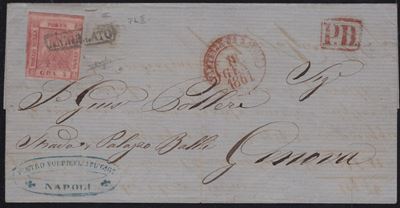 Napoli, Lettera postale del 18.01.1861 affrancata con 5gr. II tav. carminio rosa n.9 per Genova