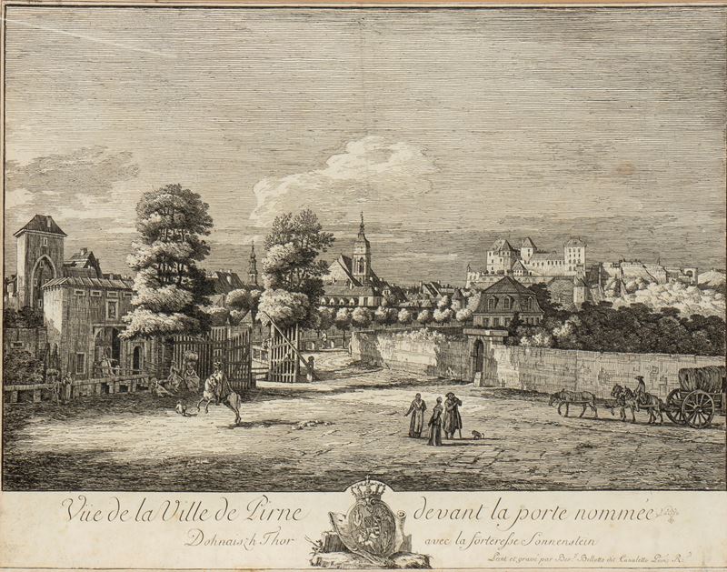 Bernardo Bellotto - Vue de la ville de Pirne devant la porte nommée Dohnaiszh-Thor, acquaforte