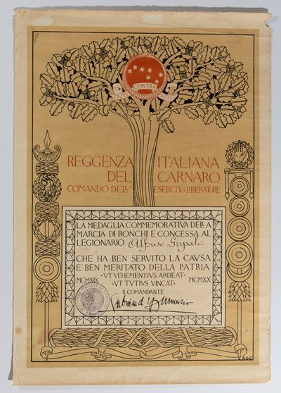 D'annunzio, Gabriele - Attestato Marcia di Ronchi
