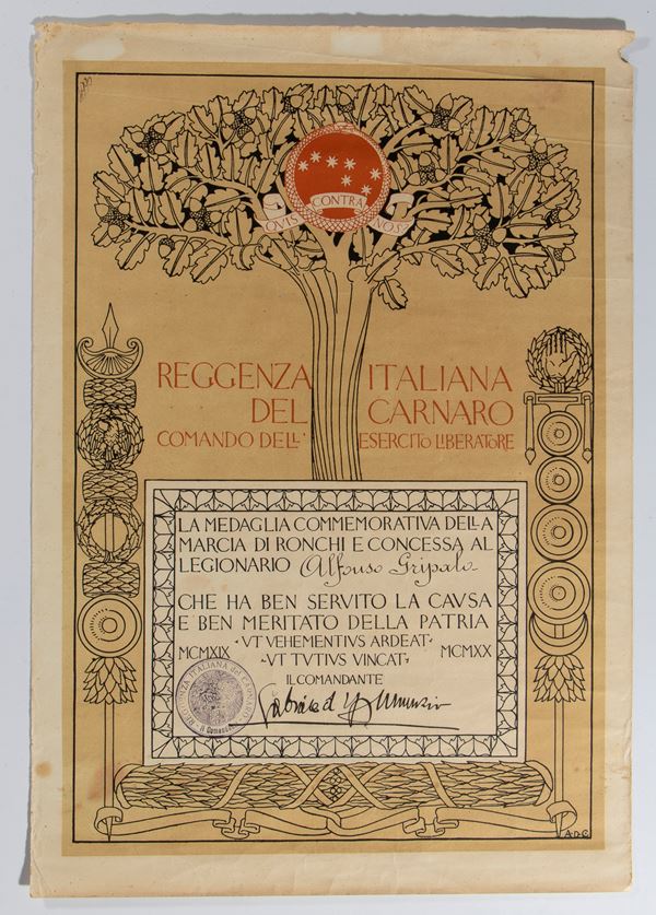 D'Annunzio, Gabriele - Attestato Marcia di Ronchi