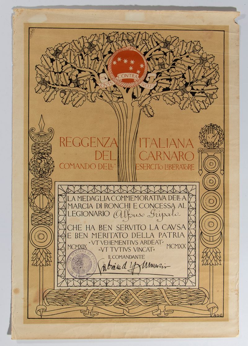D'annunzio, Gabriele - Attestato Marcia di Ronchi
