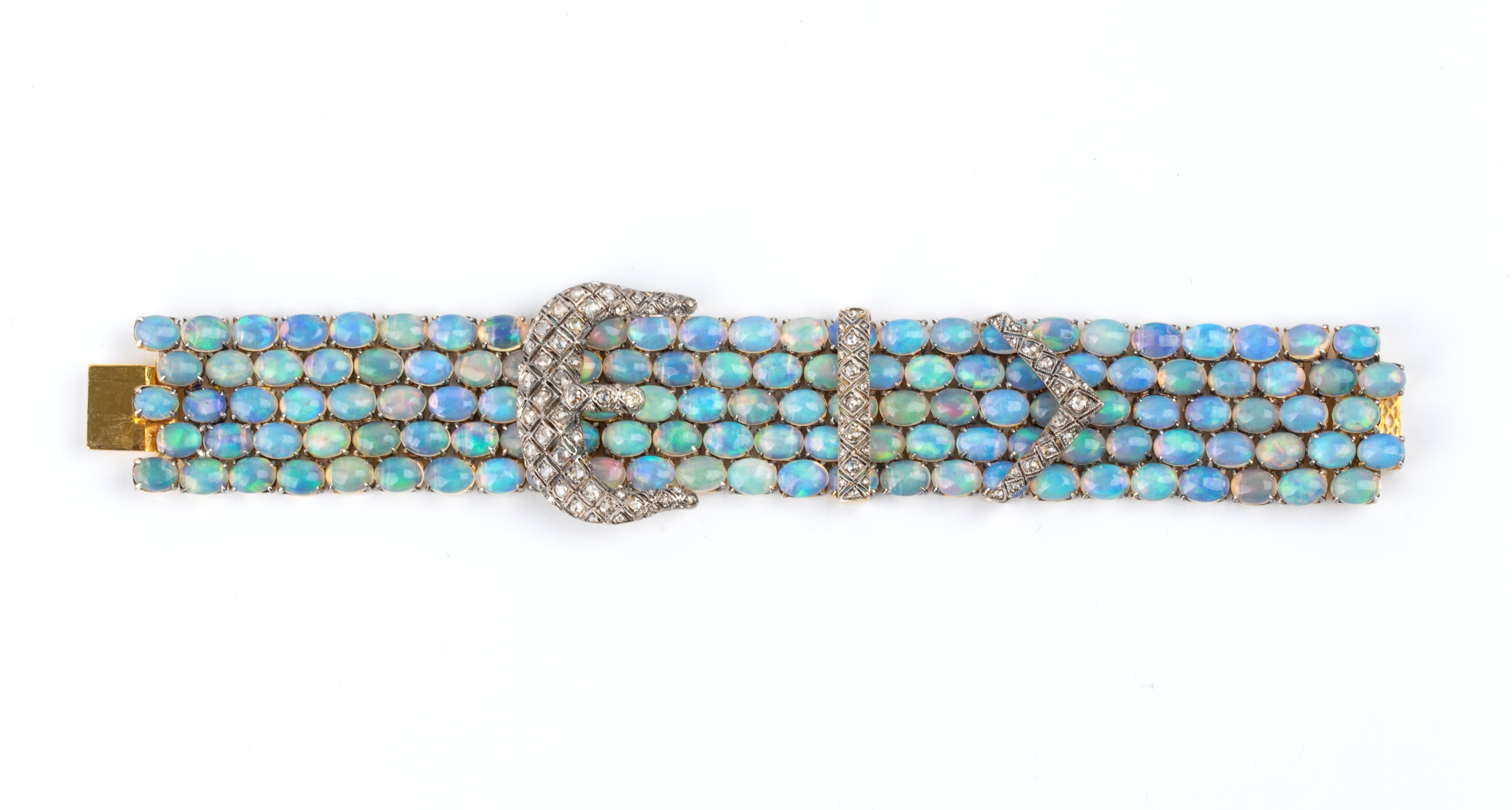 Bracciale in oro giallo 18k e argento con diamanti e 125 opali arlecchino