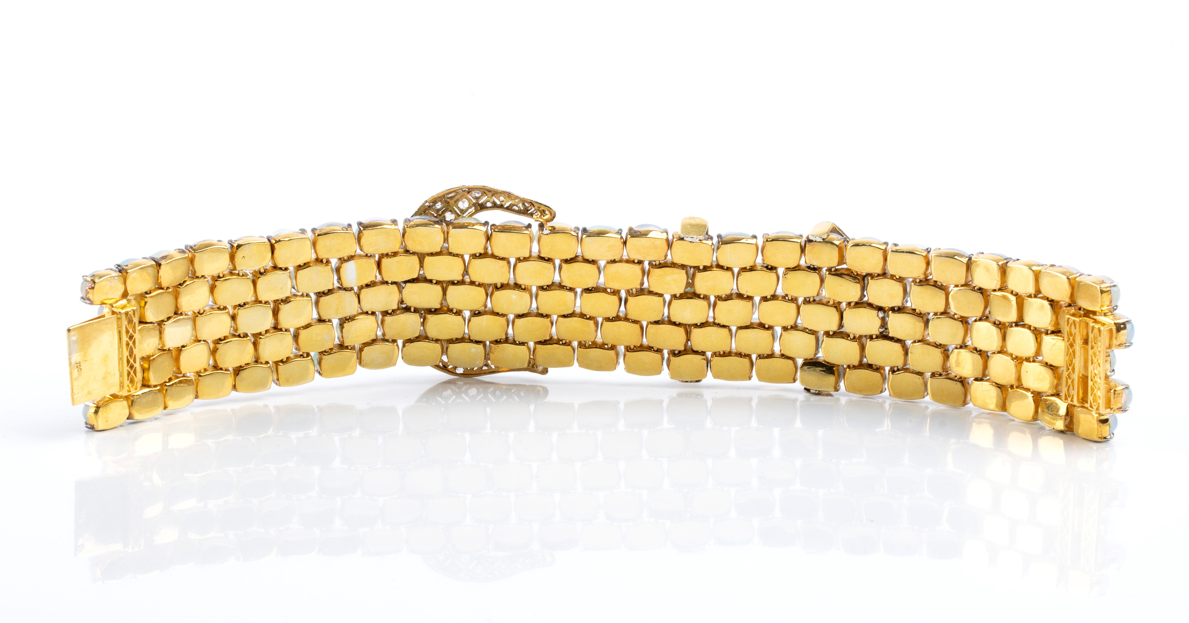 Bracciale in oro giallo 18k e argento con diamanti e 125 opali arlecchino
