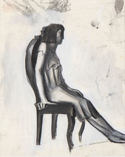 Donna seduta, studio per illustrazione, matita e inchiostro su carta