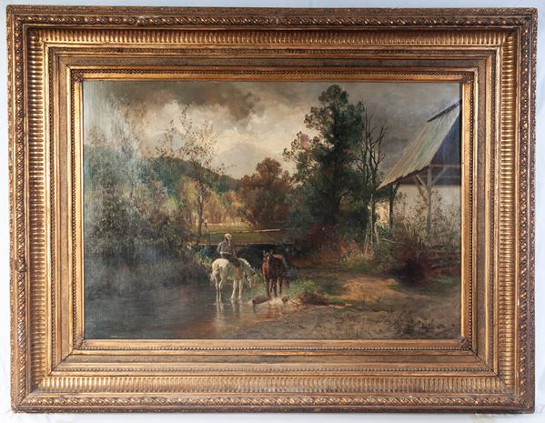 Paesaggio di campagna con fiume, cavalli e personaggi