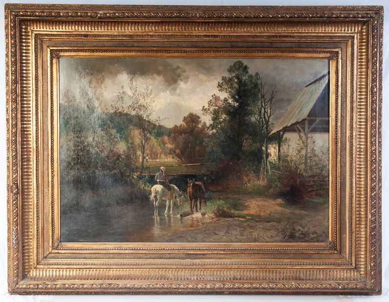 Paesaggio di campagna con fiume, cavalli e personaggi