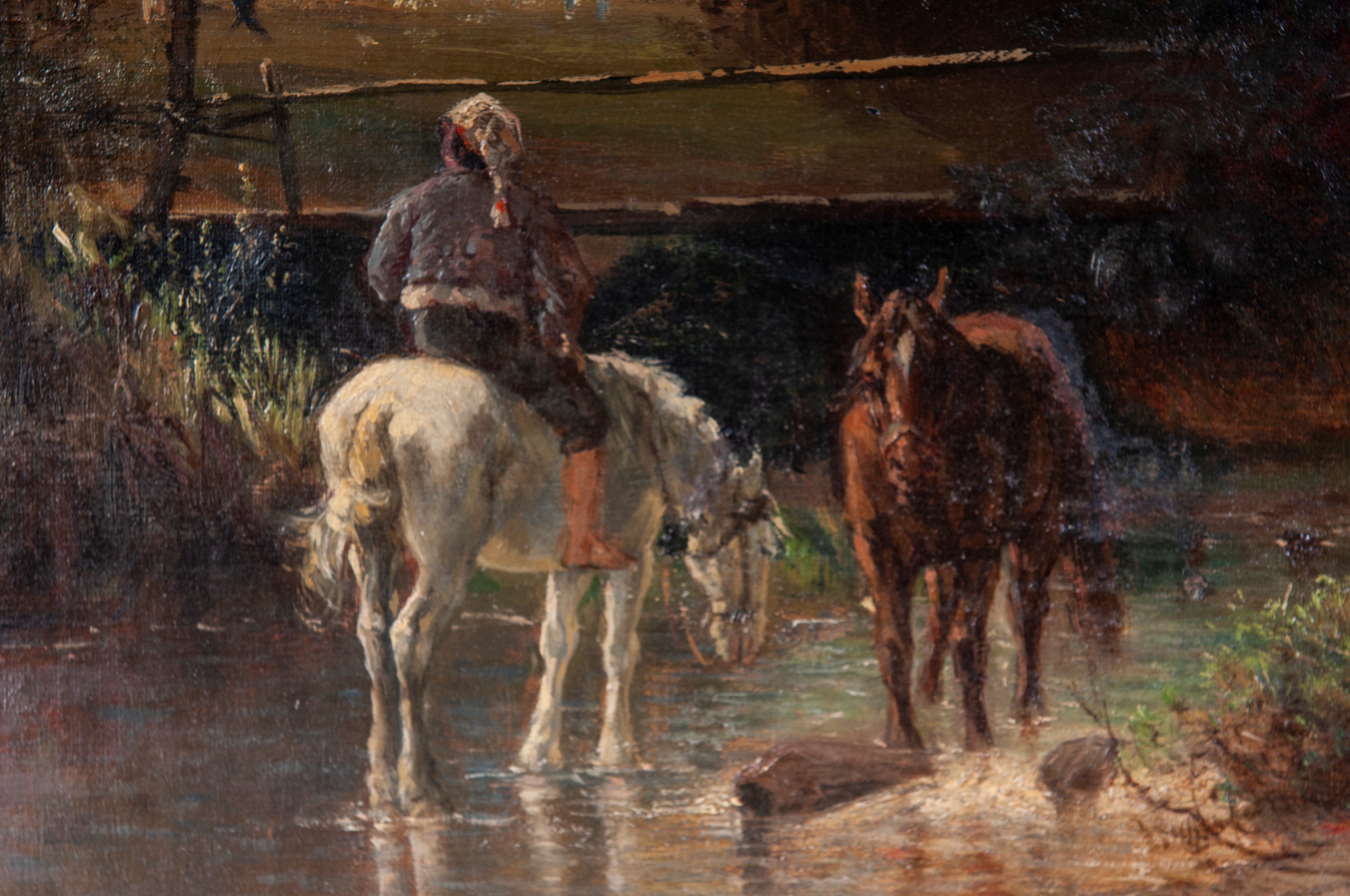 Paesaggio di campagna con fiume, cavalli e personaggi