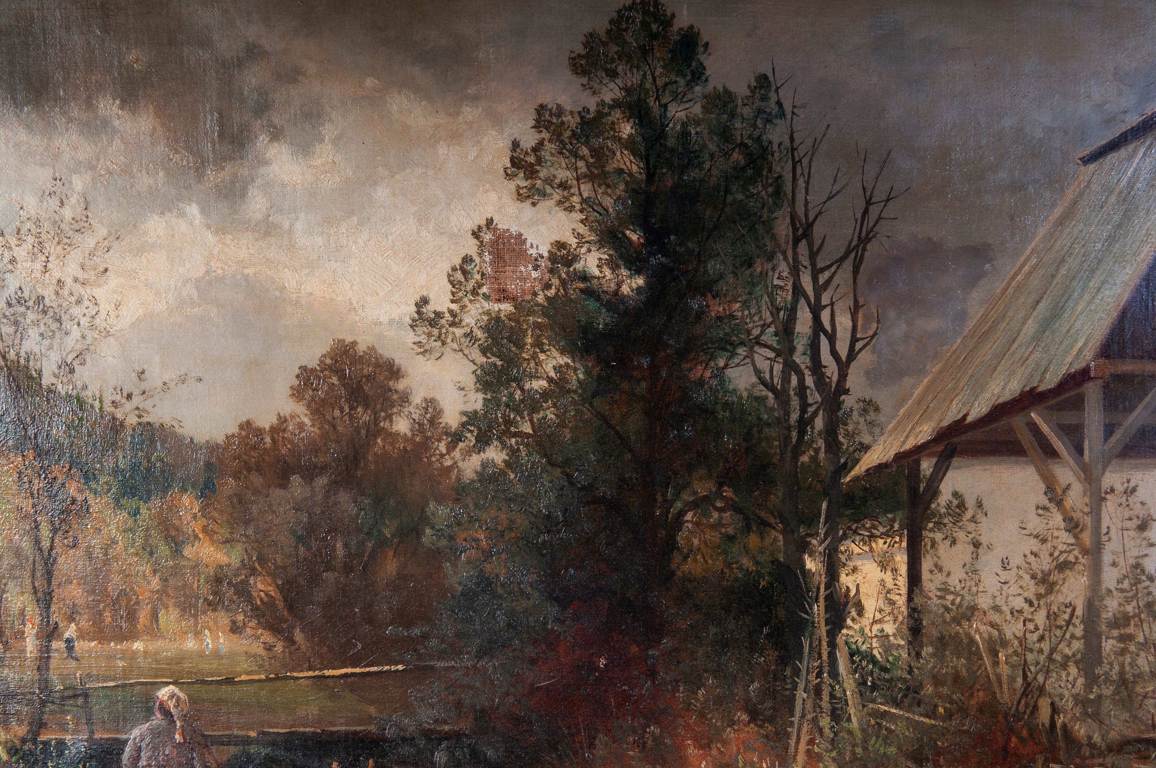 Paesaggio di campagna con fiume, cavalli e personaggi