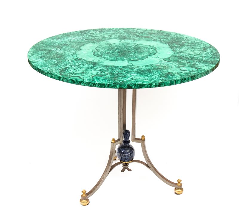 Tavolo tondo in malachite e ferro battuto, anni '50