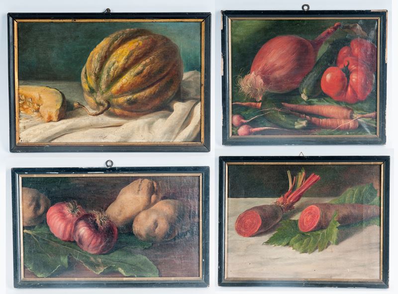 Autore non identificato, Lotto di quattro nature morte, dipinti ad olio su tela