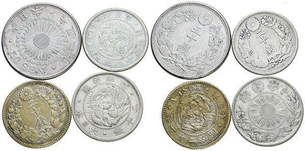 GIAPPONE. LOTTO di 4 monete in argento di cui un interessante falso d'epoca da 20 sen. Ag; nominali e conservazioni varie.