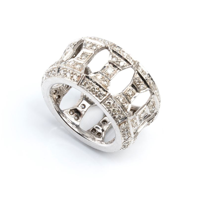 Oro bianco 18k, Anello a fascia traforata con diamanti