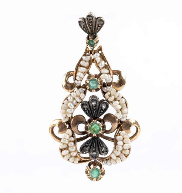 Gold and silver pendant with pearls and emeralds