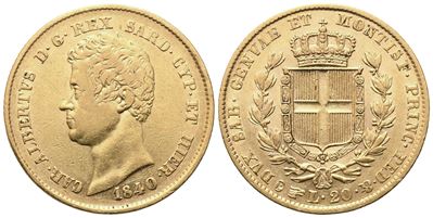 Carlo Alberto, 20 Lire 1840 (Regno di Sardegna) con stemma e collare dell’Annunziata