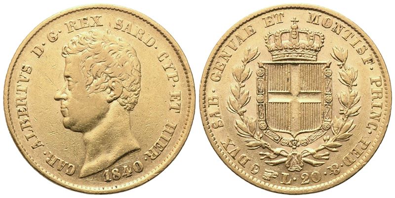 Carlo Alberto, 20 Lire 1840 (Regno di Sardegna) con stemma e collare dell’Annunziata