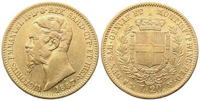 Vittorio Emanuele II, 20 Lire 1857 (Regno di Sardegna) — moneta in oro