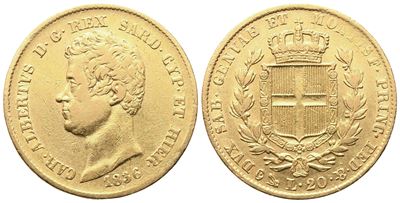 Carlo Alberto, 20 Lire 1836, Genova (Regno di Sardegna) — oro