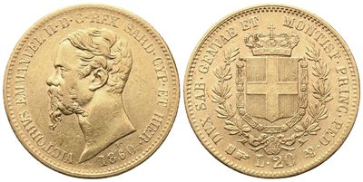 Regno di Sardegna, Vittorio Emanuele II, 20 Lire 1860 (oro) — moneta con stemma coronato e Collar...