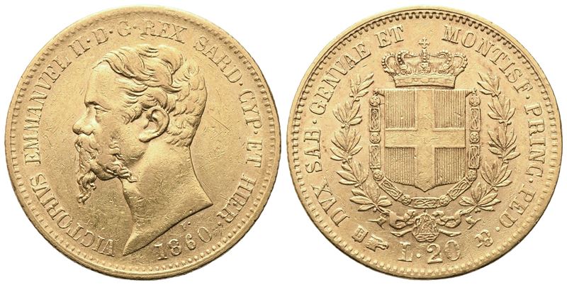 Regno di Sardegna, Vittorio Emanuele II, 20 Lire 1860 (oro) — moneta con stemma coronato e Collar...