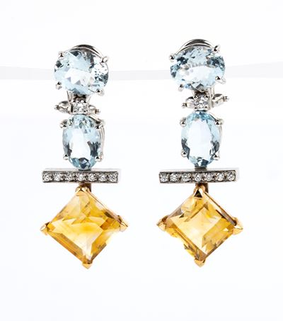 Orecchini, oro bianco 18k con acquemarine, quarzo citrino e diamanti (circa 0,25 ct tot.)
