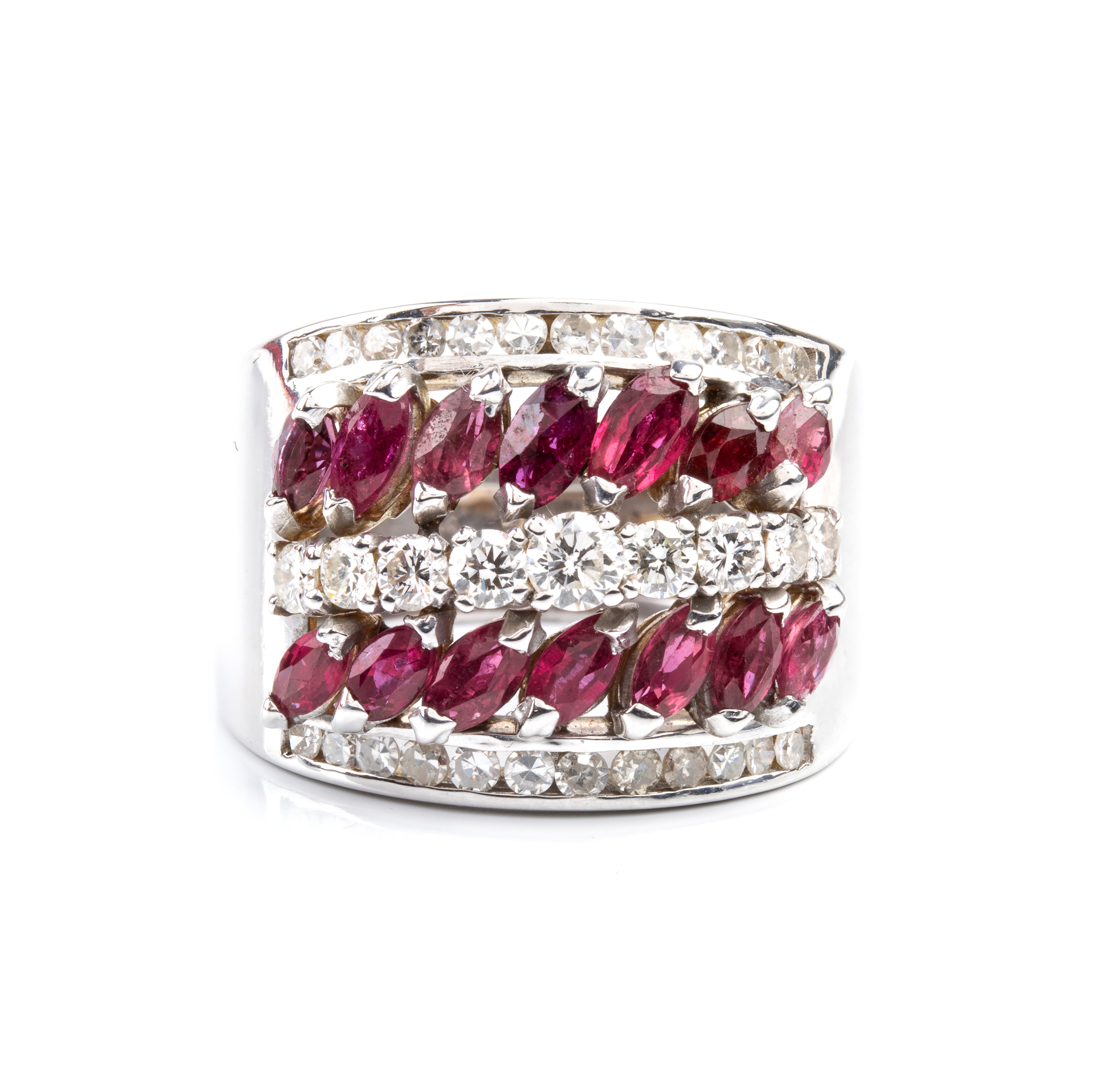 Oro bianco 18 k, Anello a fascia con diamanti e rubini
