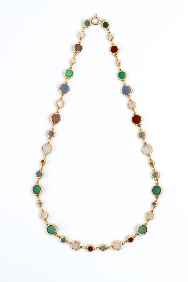 Collana in oro giallo 18k e paste vitree policrome a maglie geometriche