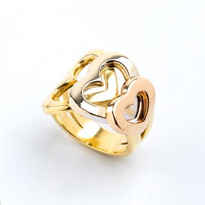 MASSO NI, Anello in oro 18k a cuori intrecciati in tre colori (giallo, bianco e rosa)