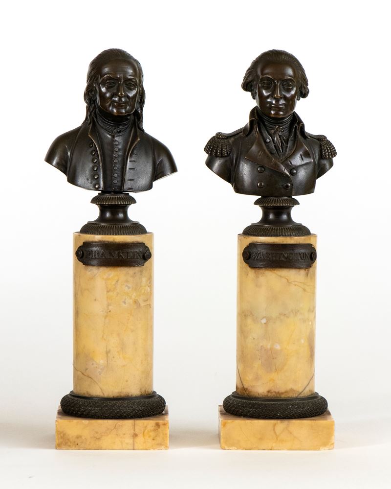 Bustro in bronzo raffigurante Benjamin Franklin e George Washington, Francia, XIX secolo