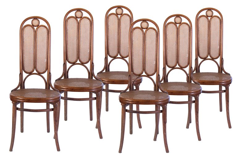 Michael Thonet - Gruppo di sei sedie in legno curvato con seduta in paglia intrecciata