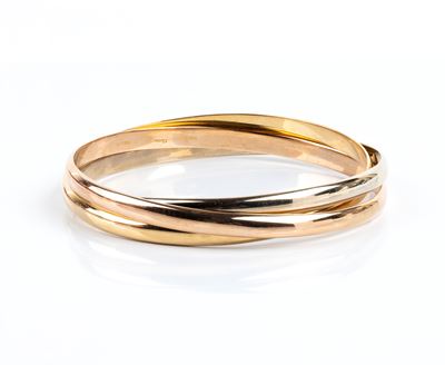 Bracciali a cerchio in oro a tre colori 18k con motivo a tre anelli intrecciati