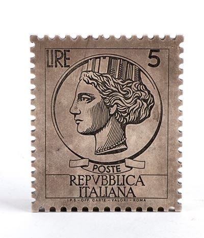 Francobollo in argento 925/1000 raffigurante le 5 lire (1974)