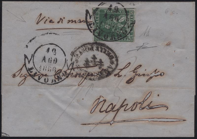 Toscana, Lettera spedita da Livorno a Napoli, 12.08.1859, affrancata con 4 cr. verde su grigio n....