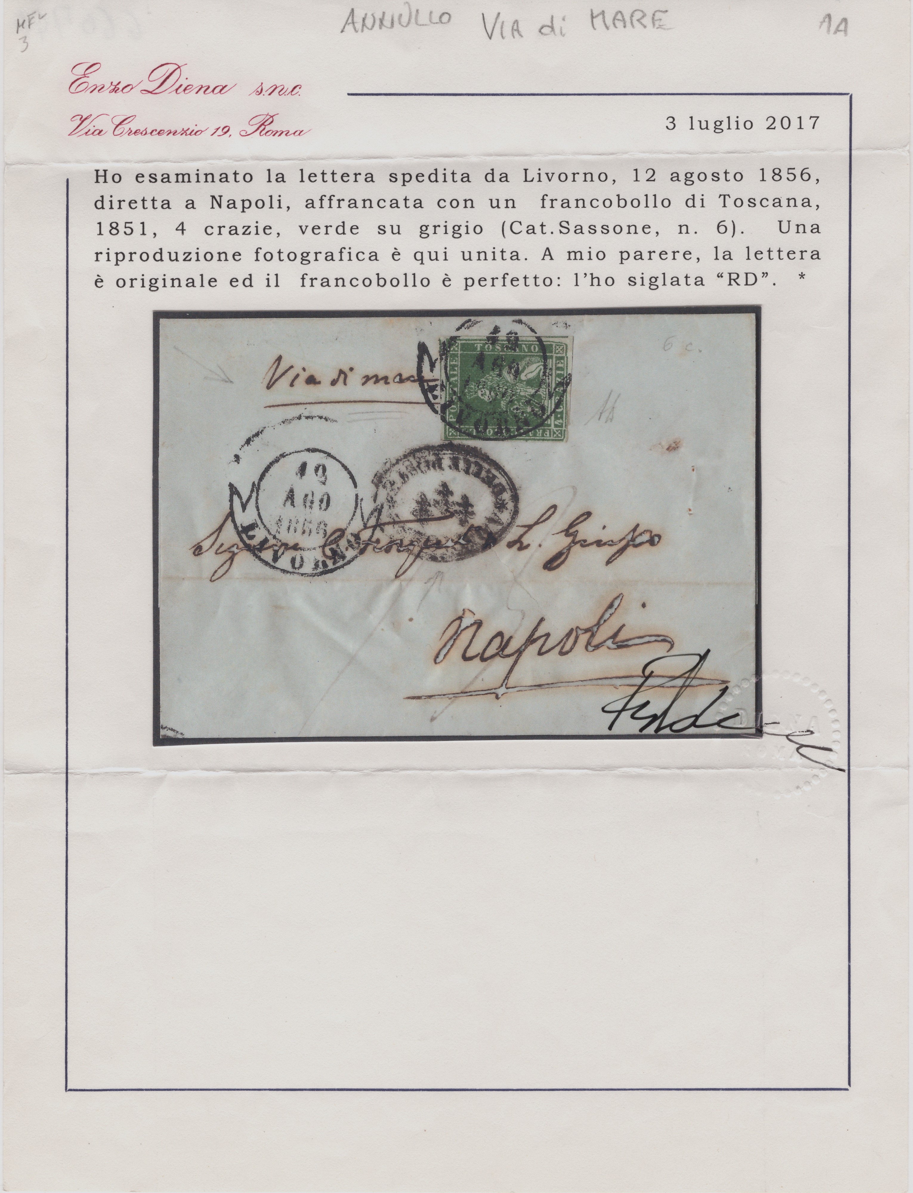 Toscana, Lettera spedita da Livorno a Napoli, 12.08.1859, affrancata con 4 cr. verde su grigio n....