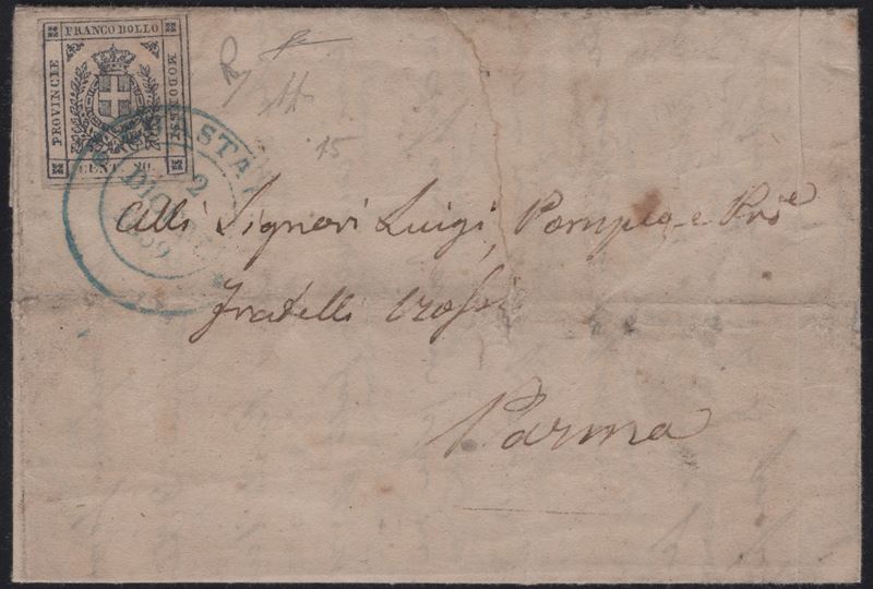 Modena, Governativo Provvisorio, 20 cent. Ardesia Violaceo n. 15 su lettera affrancata da Guestal...