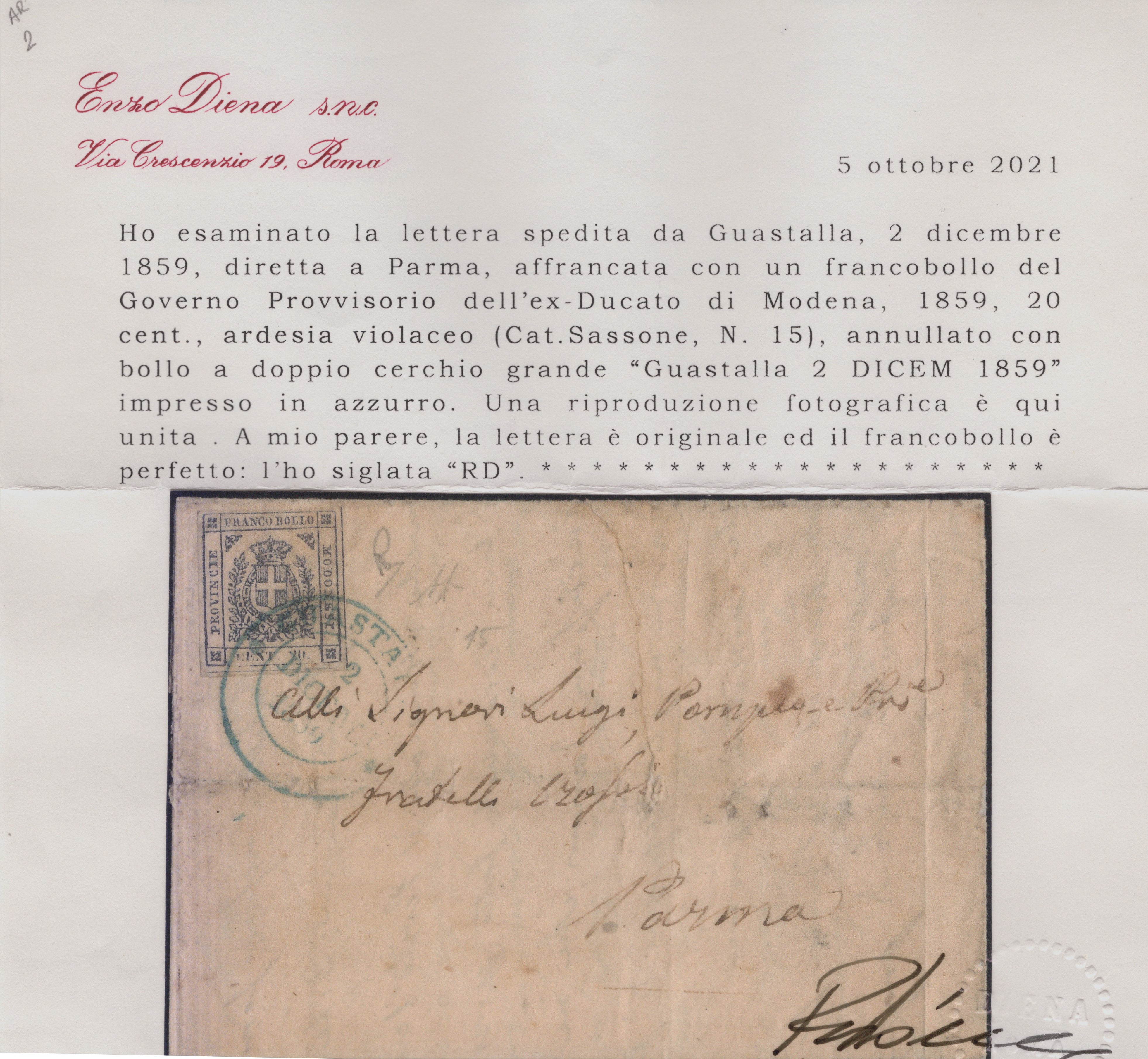 Modena, Governativo Provvisorio, 20 cent. Ardesia Violaceo n. 15 su lettera affrancata da Guestal...