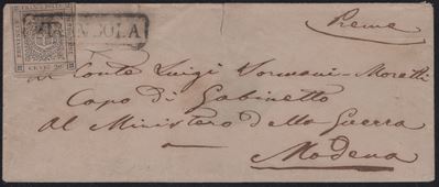 Modena - Annullamenti, Busta da Mirandola per Modena affrancata con 20 cent. ardesia violaceo n.1...