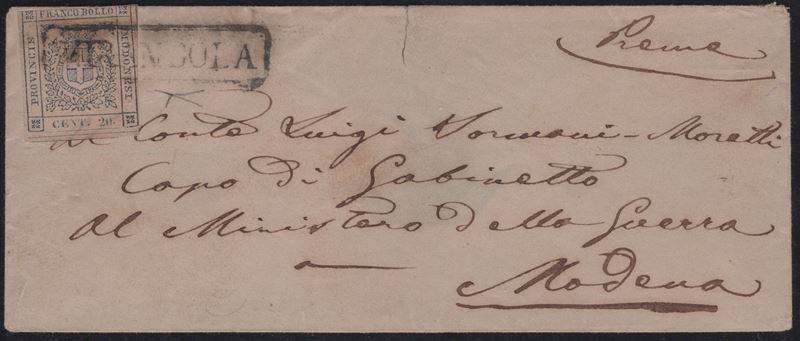 Modena - Annullamenti, Busta da Mirandola per Modena affrancata con 20 cent. ardesia violaceo n.1...