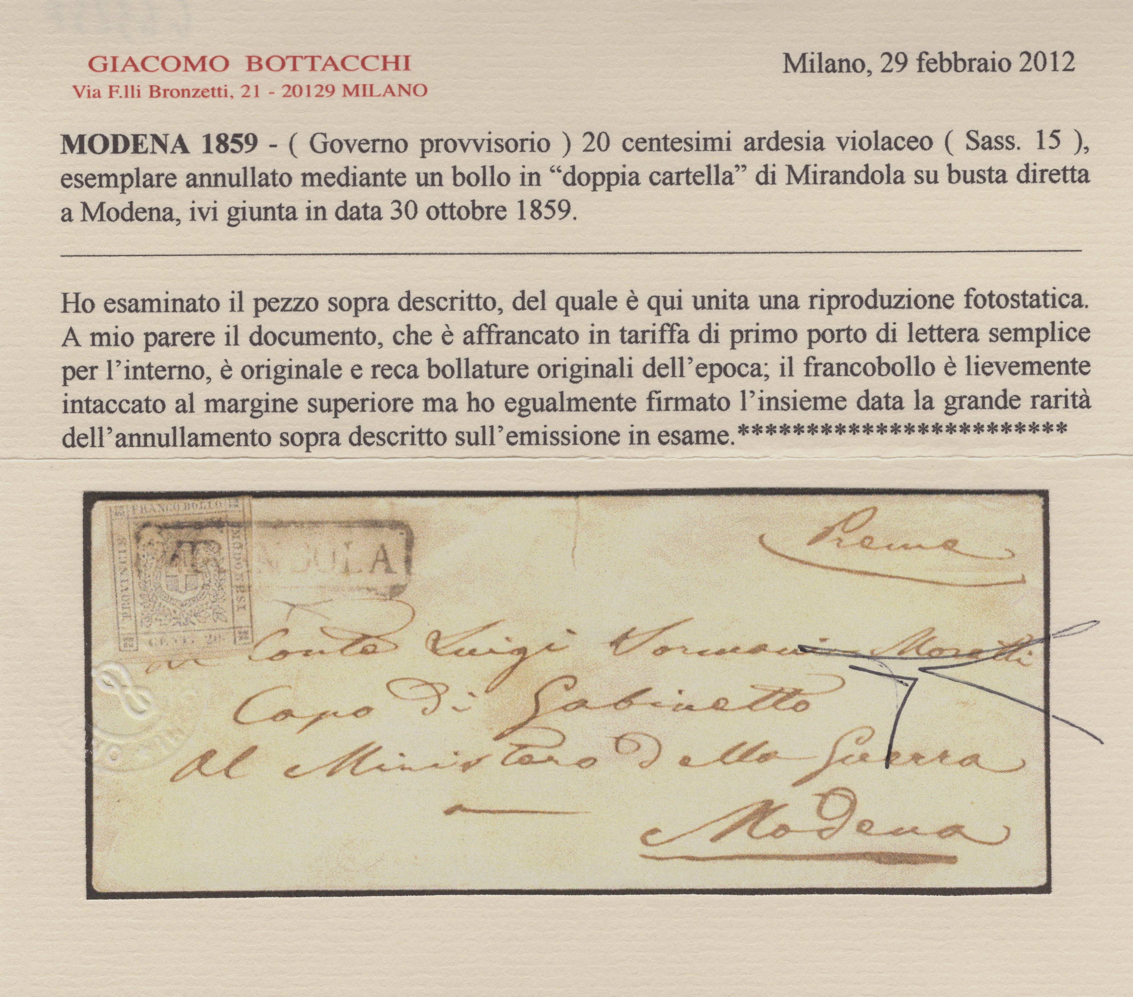 Modena - Annullamenti, Busta da Mirandola per Modena affrancata con 20 cent. ardesia violaceo n.1...