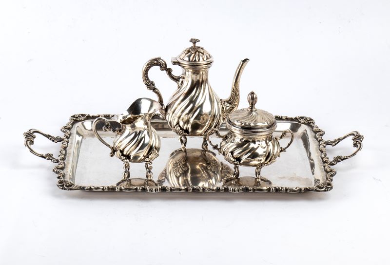 Servizio italiano da tè e caffè, argento 800/1000 (vassoio, teiera, zuccheriera e lattiera)