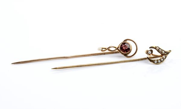 2 pearl garnet gold pins