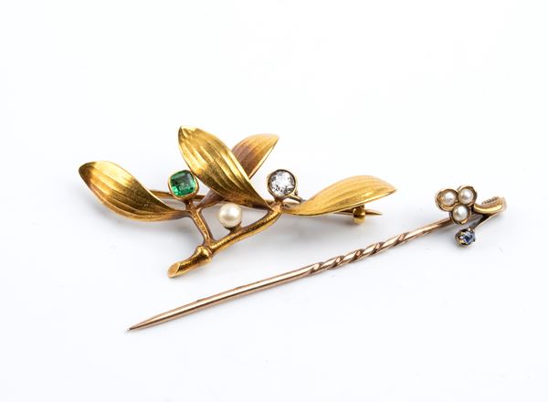 Diamond emerald pearl gold brooch and pin