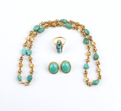 Parure in oro giallo 18k e turchesi (anni '80), Orecchini, anello e collana