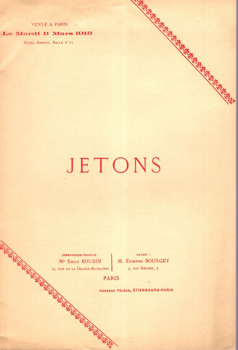 BOURGEY Etienne - Paris, 11 - Mars, 1913. JETON. Pp 35, nn 545, tavole 2.Legatura ed, interno ott...