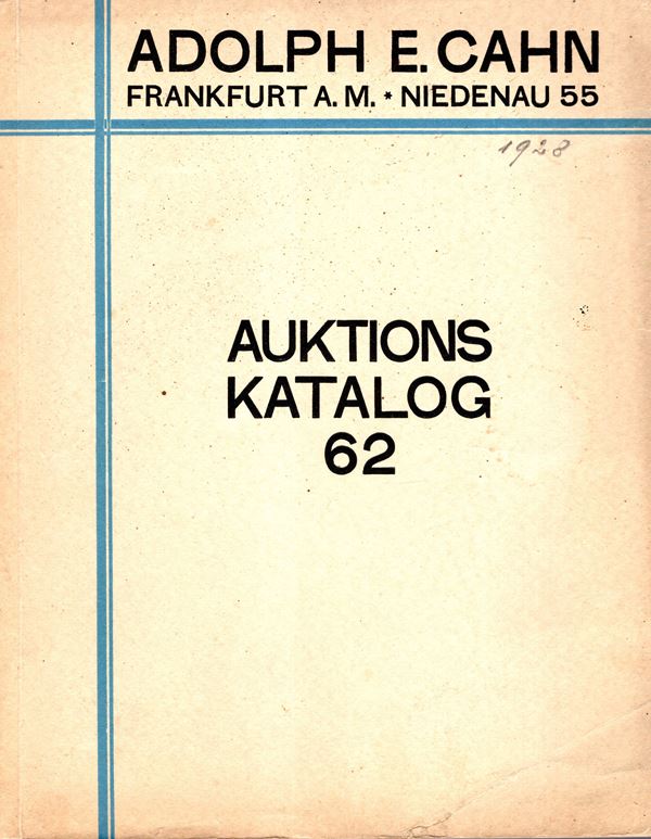 CAHN  A. E. – Auktion, 62 Frankfurt A.M. – 15 – Januar, 1929. Rheinische sammlung von munzen des mittelalters und der neuzeit. I teil.  Pp. vi -131,  nn. 2272,  tavv. 32. Ril. ed. sciupata, interno buono stato, lista prezzi val. raro. Rossi, 521