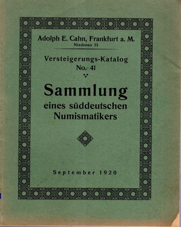 CAHN E. A. -  Katalog 41. Frankfurt am Main, 7\9 - September, 1920. Munzen und medaillen von Baden der badifschen territorien….. Pp 87, nn 1890, no tavole. Legatura ed sciupata, interno buono stato. Rossi, 500