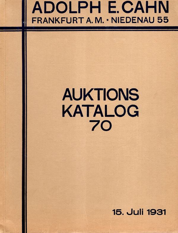 CAHN E. A. -  Katalog, 70. Frankfurt am Main, 15 – Juli, 1931. Die herzoglich anhaltinische munzsammlung zu Dessau. Teil, 1. Munzen des mitterlaters ( fund von Freckleben), europaische stateen, bedeutenden Westfalesammlung.  Pp. 108,  nn. 2141,  tavole 24. Legatura ed. interno ottimo stato,  lista prezzi valutazioni, ottimo stato, bella serie di scudi italiani. Rossi, 531