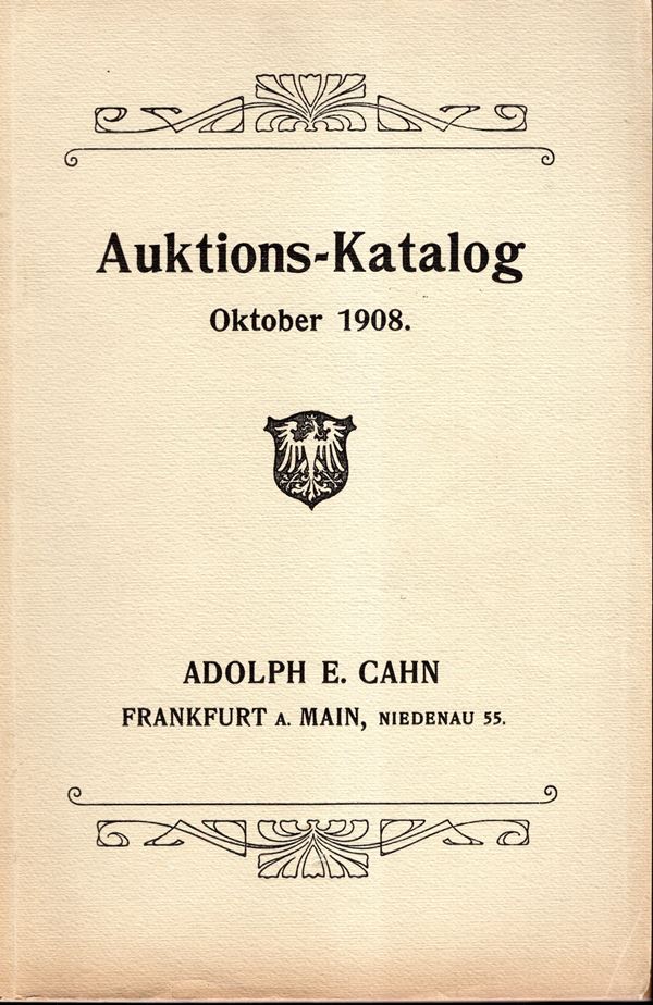 CAHN E. A. - Frankf urt am Main, 26 - Oktober, 1908. Munzen und medaillen des mittealters u.d. neuzeit aus den Bestanden emes auslandischen Museum. II Einer sammlung von medaillen auf Aerzte und Naturforscher,epidemien, ect.. III sammlung von Braunschweig-Hannoverschen munzen. pp 120, nn 2614, tavole 10. Legatura ed, interno ottimo stato, raro. Rossi, 480